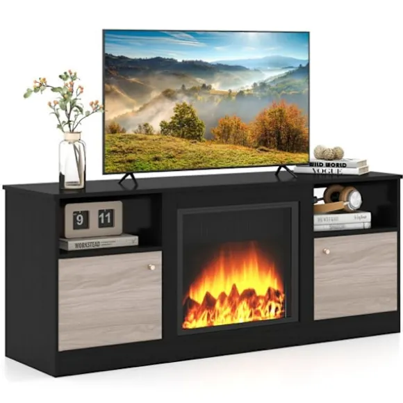 COSTWAY 65" TV-møbel med LED og 2 skabe, åbne rum, magnetisk låge, moderne design til stuen, 147 x 40 x 60 cm Svart