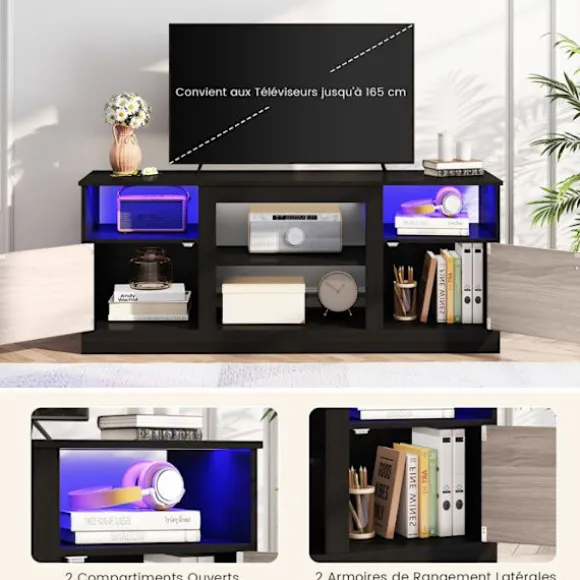 COSTWAY 65" TV-møbel med LED og 2 skabe, åbne rum, magnetisk låge, moderne design til stuen, 147 x 40 x 60 cm Svart