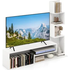 COSTWAY 50" TV-møbel med L-formede opbevaringshylder, åbne rum, til stue, chambre, entre, hvid