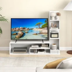 COSTWAY 50" TV-møbel med L-formede opbevaringshylder, åbne rum, til stue, chambre, entre, hvid