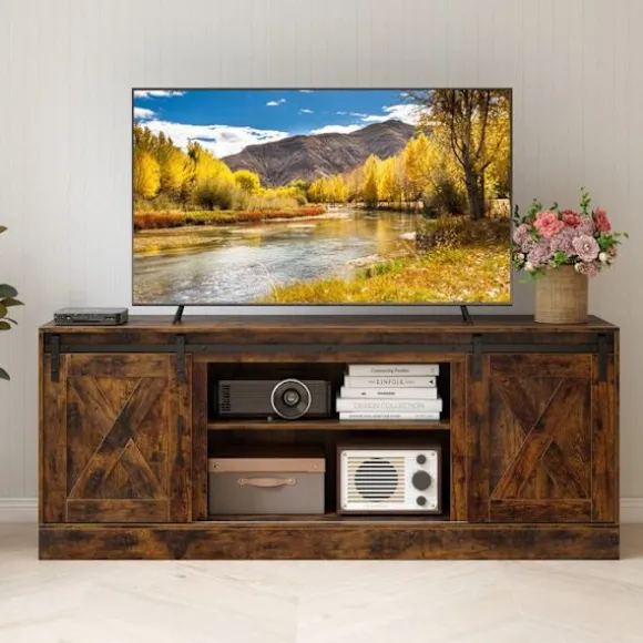 COSTWAY 70" TV-møbel med skydedøre i lade-type og justerbare hylder, 2 rum, til stue, soveværelse, brun kastanj
