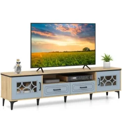 COSTWAY 80" TV-stand med 2 skuffer, 2 skabe & rum, 7 hævede metalben, 150 x 37 x 44 cm, Natur