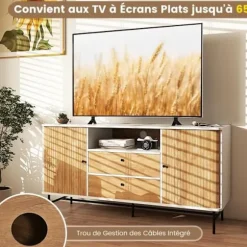 COSTWAY 65" tv-stativ - 2 dørskabe 2 skuffer - Kabelhul - til stue, soveværelse - naturlig