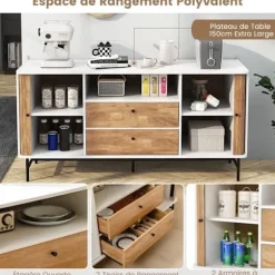 COSTWAY 65" tv-stativ - 2 dørskabe 2 skuffer - Kabelhul - til stue, soveværelse - naturlig