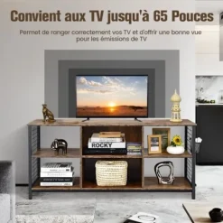 COSTWAY 65" tv-stativ med 6 rum, justerbare hylder, 2 kabelstyringshuller, stue, soveværelse, 140x40x63cm, brun kastanj