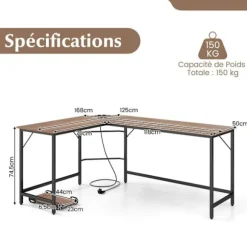 COSTWAY 168 x 125 cm Hjørneskrivebord med CPU-holder, 2 strømstik og USB & Type C-port, robust metalramme, naturlig