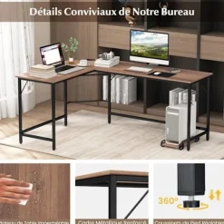 COSTWAY 168 x 125 cm Hjørneskrivebord med CPU-holder, 2 strømstik og USB & Type C-port, robust metalramme, naturlig
