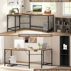COSTWAY 168 x 125 cm Hjørneskrivebord med CPU-holder, 2 strømstik og USB & Type C-port, robust metalramme, naturlig