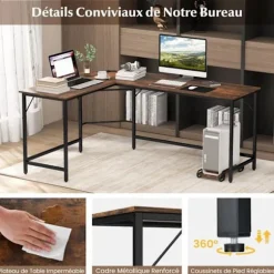 COSTWAY 168 x 125 cm hjørneskrivebord med CPU-holder, 2 strømstik og USB & Type C-port, robust metalramme, brun
