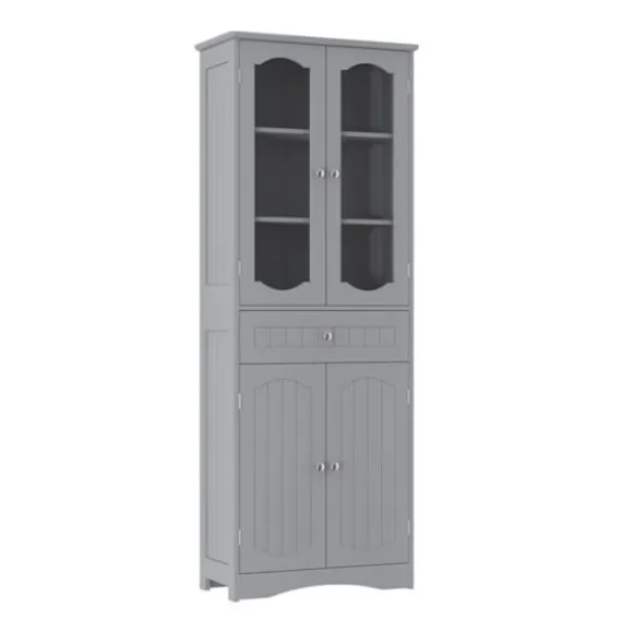 COSTWAY Badeværelse Højskab med 4 Døre 1 Skuffe, 2 Justerbare Hylder, Badeværelse, Køkken, 60x30x160 cm Grå