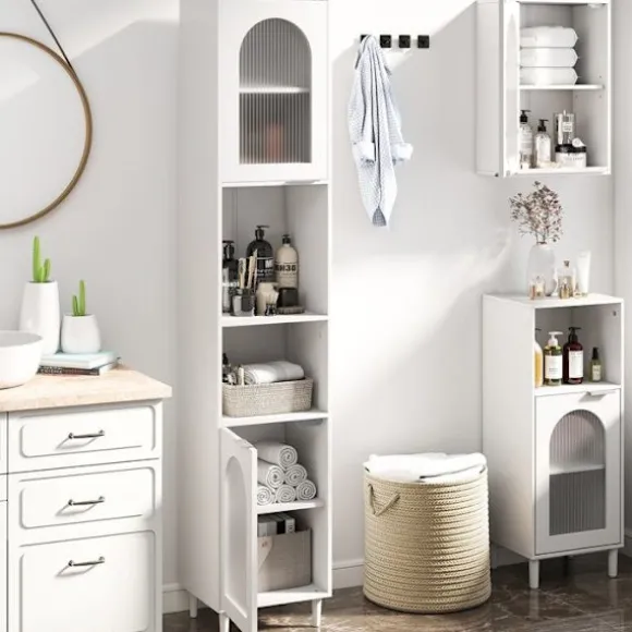 COSTWAY Badeværelsessøjle med 2 Glasskabe, 2 Åbne Rum, Justerbare Hylder, 35x30x180cm Vit