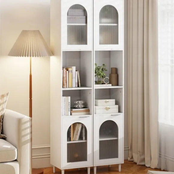 COSTWAY Badeværelsessøjle med 2 Glasskabe, 2 Åbne Rum, Justerbare Hylder, 35x30x180cm Vit
