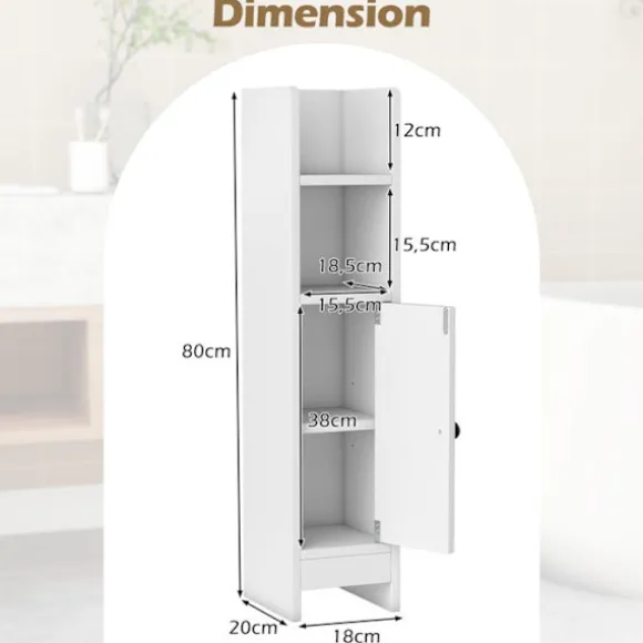 COSTWAY Badeværelsesskab med Dør og Justerbare Hylder, Justerbar Hylde, til Badeværelse, Stue 20 x 18 x 80 cm Hvid