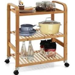 COSTWAY Bamboo køkkenvogn med 3 etager, køkkenvogn med 4 hjul (2 låsbare), 58 x 33 x 76 CM, Natural