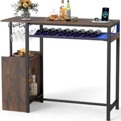 COSTWAY Barbord 110 x 40 x 92 cm med Opladningsstation - RGB-belysning, Glasholder, Flaskeholder, til Køkken, Stue