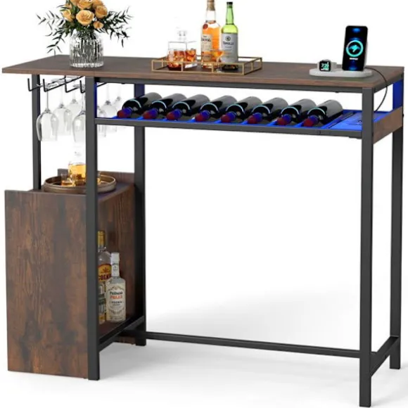 COSTWAY Barbord 110 x 40 x 92 cm med Opladningsstation - RGB-belysning, Glasholder, Flaskeholder, til Køkken, Stue