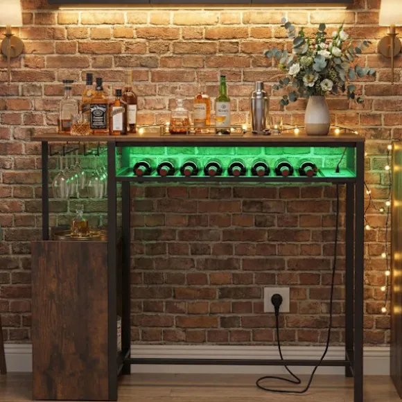 COSTWAY Barbord 110 x 40 x 92 cm med Opladningsstation - RGB-belysning, Glasholder, Flaskeholder, til Køkken, Stue