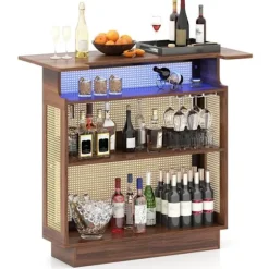 COSTWAY Barbord i PE Rattan 120 x 55 x 110 cm - RGB LED-belysning - 3 holdere til vinglas og 3 hylder