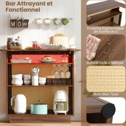 COSTWAY Barbord i PE Rattan 120 x 55 x 110 cm - RGB LED-belysning - 3 holdere til vinglas og 3 hylder