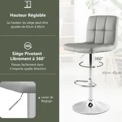 COSTWAY Barstol i Faux Læder, Justerbar Sædehøjde 65-85 cm, Højt Rygstøtte, Antiskrid Metalbase, Grå