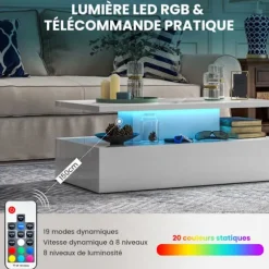 COSTWAY Belysning Kaffebord i 2 Niveauer, Justerbare LED Lygtefarver, Justerbar Lysstyrke, Fjernbetjening, Skinnende Hvid Vit