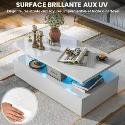 COSTWAY Belysning Kaffebord i 2 Niveauer, Justerbare LED Lygtefarver, Justerbar Lysstyrke, Fjernbetjening, Skinnende Hvid Vit