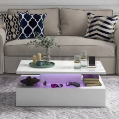 COSTWAY Belysning Kaffebord i 2 Niveauer, Justerbare LED Lygtefarver, Justerbar Lysstyrke, Fjernbetjening, Skinnende Hvid Vit