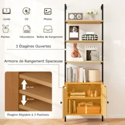 COSTWAY Bibliotek Reol med 6 Niveauer og Rattan Skab, Metalramme, Til Stue, Værelse, Kontor, 30x60x180cm Naturlig