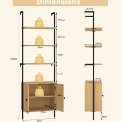 COSTWAY Bibliotek Reol med 6 Niveauer og Rattan Skab, Metalramme, Til Stue, Værelse, Kontor, 30x60x180cm Naturlig