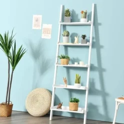 COSTWAY Bogreol Stigestil hylde med 5 opbevaringslager til stue, soveværelse 49 x 33 x 191 cm Skandinavisk hvid