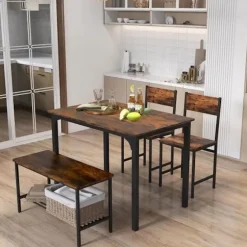 COSTWAY bord- og 2 stolesæt 1 bænk - 4 personer, industriel stil, metalkonstruktion til spisestue, restaurant, køkken