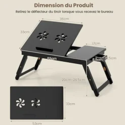 COSTWAY bærbart oversengsbord til pc og tablet termisk design, foldbart og vippebord med lille skuffe, brun