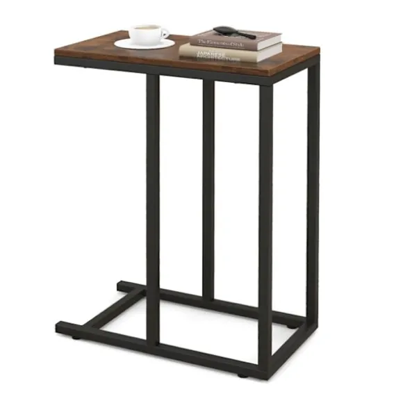 COSTWAY 'C' formet sidebord til sofa og seng, 45,5 x 25,5 x 64 cm, metalstel til stue, soveværelse, brun