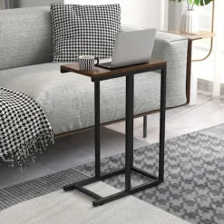 COSTWAY 'C' formet sidebord til sofa og seng, 45,5 x 25,5 x 64 cm, metalstel til stue, soveværelse, brun