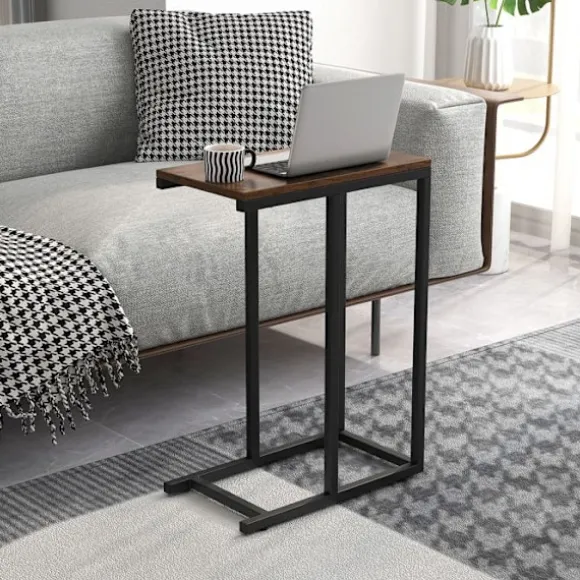 COSTWAY 'C' formet sidebord til sofa og seng, 45,5 x 25,5 x 64 cm, metalstel til stue, soveværelse, brun