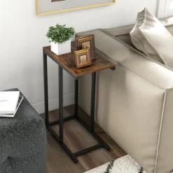 COSTWAY 'C' formet sidebord til sofa og seng, 45,5 x 25,5 x 64 cm, metalstel til stue, soveværelse, brun