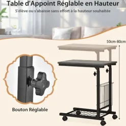 COSTWAY C Roulante Bordbord, Justerbar Højde 58-80 cm, med Opbevaringskurv, til Bærbar Computer, Grå
