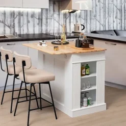 COSTWAY Central Køkkenø med Skuffer og 2 Døre 120x61x92cm Køkkenvogn med Justerbar Hylde, Siderhylle Hvid Vit