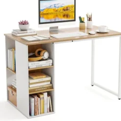 COSTWAY computerbord med reol, metalstel, computerbord med 5 rum, 115 x 59,5 x 75 cm, naturlig Natur + Vit