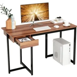 COSTWAY computerbord med skuffe, metalramme, justerbar fodstøtte, 120 x 55 x 75 cm, valnød Valnöt