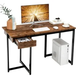 COSTWAY computerbord med skuffe, metalramme, justerbar fodstøtte, 120 x 55 x 75 cm, rustik brun Rustik brun