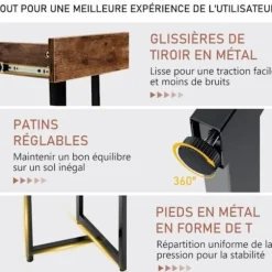 COSTWAY computerbord med skuffe, metalramme, justerbar fodstøtte, 120 x 55 x 75 cm, rustik brun Rustik brun
