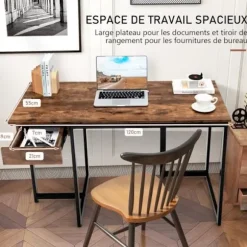 COSTWAY computerbord med skuffe, metalramme, justerbar fodstøtte, 120 x 55 x 75 cm, rustik brun Rustik brun