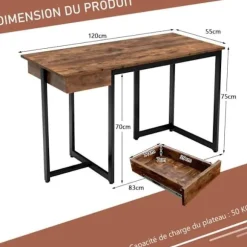 COSTWAY computerbord med skuffe, metalramme, justerbar fodstøtte, 120 x 55 x 75 cm, rustik brun Rustik brun