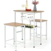 COSTWAY 3-delt Ensemble - Oval Bord og 2 Barstole - Flaskehænger, Vin-glasholder til Køkken, Bistro Natur
