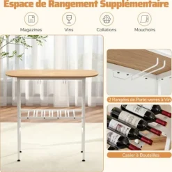 COSTWAY 3-delt Ensemble - Oval Bord og 2 Barstole - Flaskehænger, Vin-glasholder til Køkken, Bistro Natur