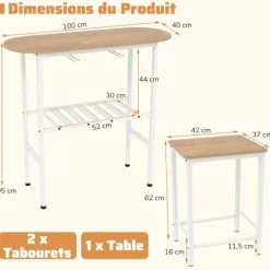 COSTWAY 3-delt Ensemble - Oval Bord og 2 Barstole - Flaskehænger, Vin-glasholder til Køkken, Bistro Natur