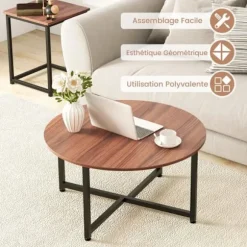 COSTWAY 3-delt sofabordssæt, inklusive 1 rund og 2 firkantet, robust metalstel, maks. belastning 200 kg, moderne, valnød og sort valnöt och svart