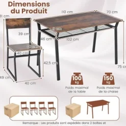 COSTWAY 5-delt spisebordssæt med 4 industristole, opbevaringshylde, metalstel, 110 x 70 x 75 cm rustikt brunt