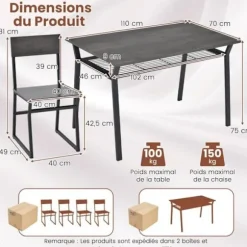 COSTWAY 5-delt spisebordssæt med 4 industristole, opbevaringshylde, metalstel, 110x70x75 cm, grå